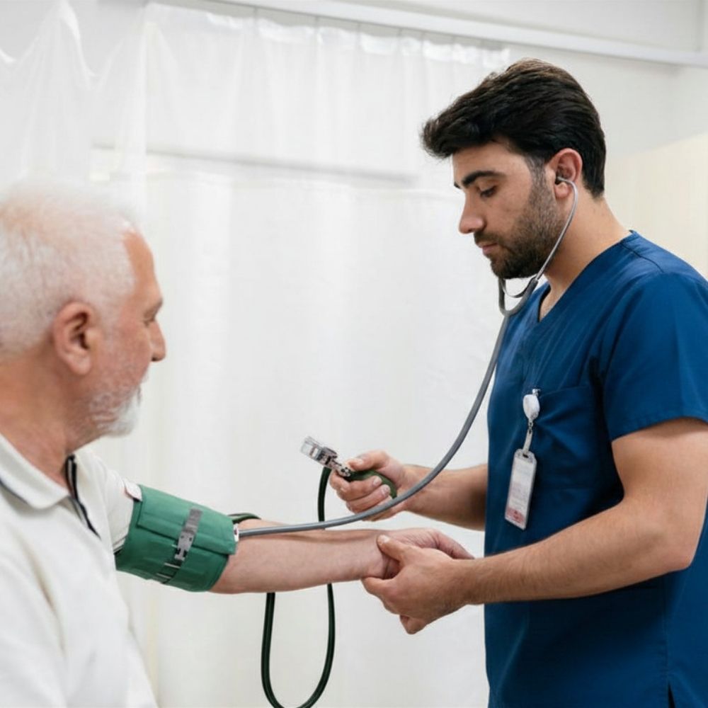 A healthcare professional in blue scrubs checks an elderly patients blood pressure using a stethoscope and a manual cuff.