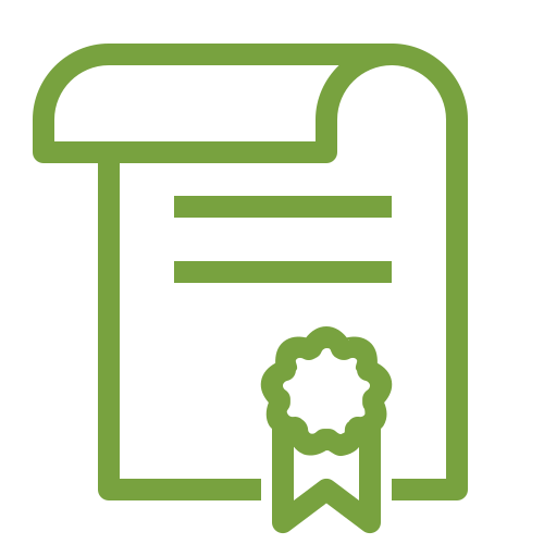 Green document icon with a seal and ribbon.