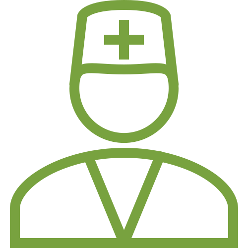 Green line-art icon of a doctor or medical professional wearing a surgical cap with a cross symbol.