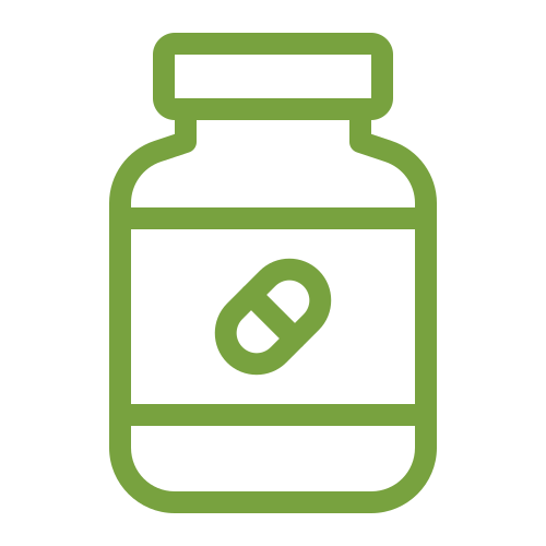 Green line icon of a medicine bottle with a capsule on the label.